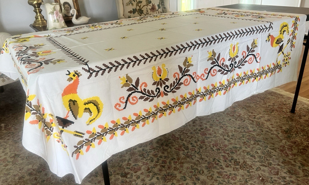 1950s Country Rooster Farm Tablecloth Cotton Orange Brown Yellow 65” x 52” VTG